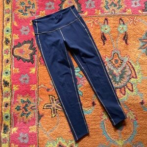 Athleta Blue Leggings with Tan Stitching